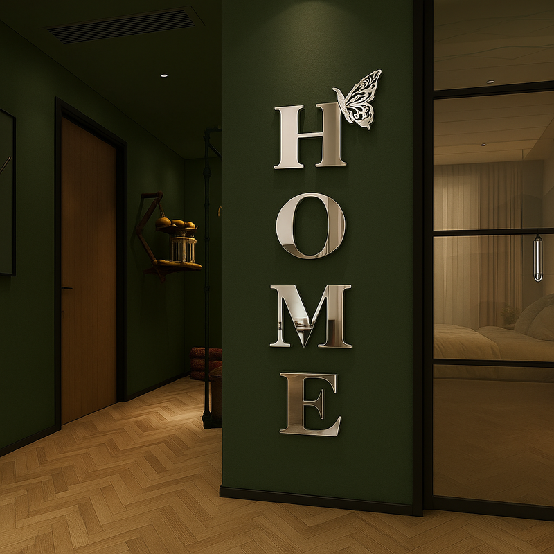 Adesivo de Parede Espelhado 3D – HOME com Borboleta