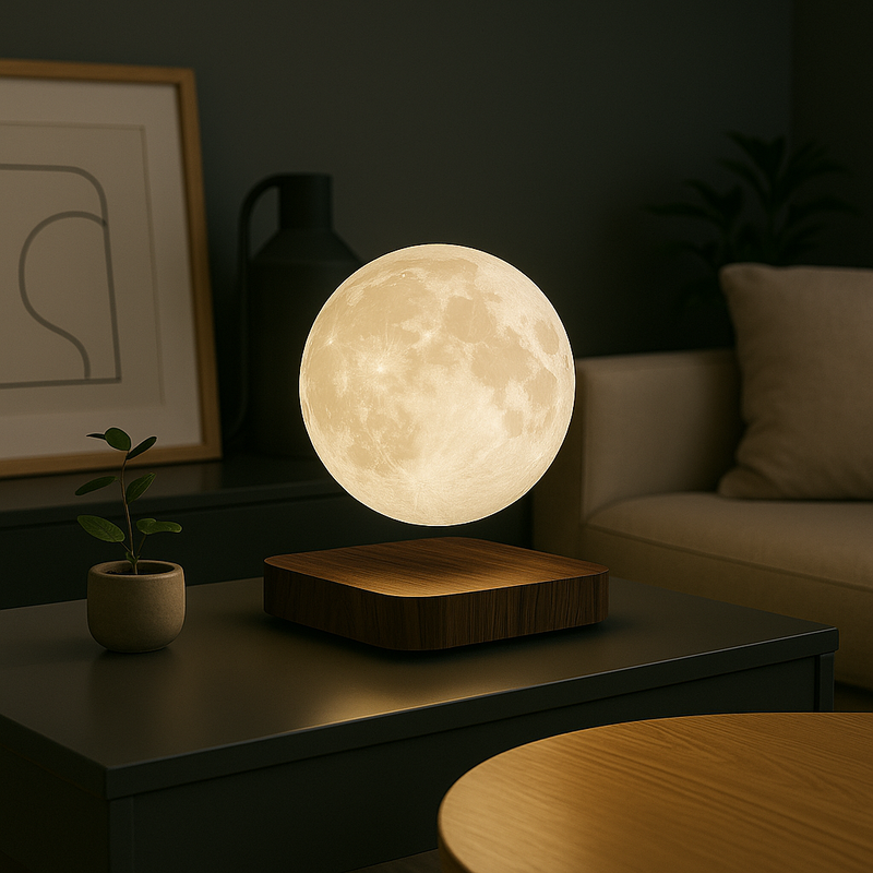 Luminária Lua Flutuante com Base Magnética em Madeira