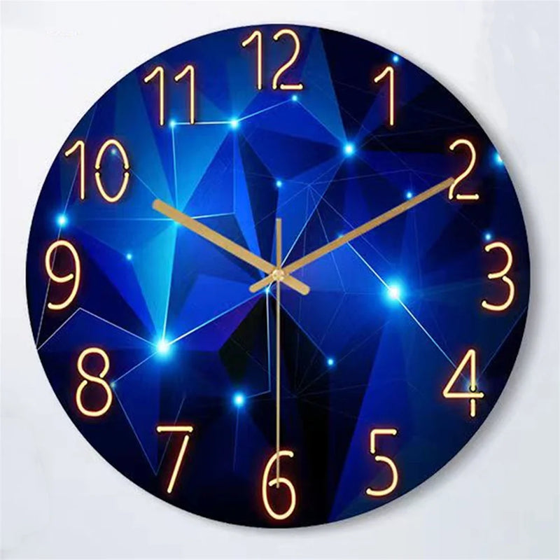 Relógio Estelar Geométrico – Design moderno em azul profundo com iluminação suave