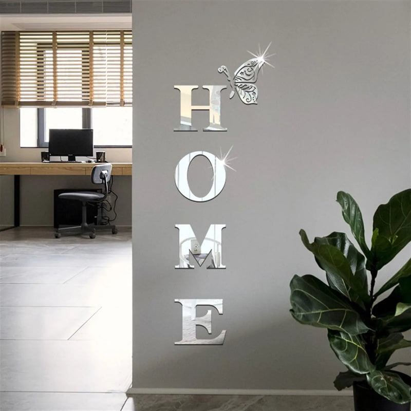 Adesivo de Parede Espelhado 3D – HOME com Borboleta