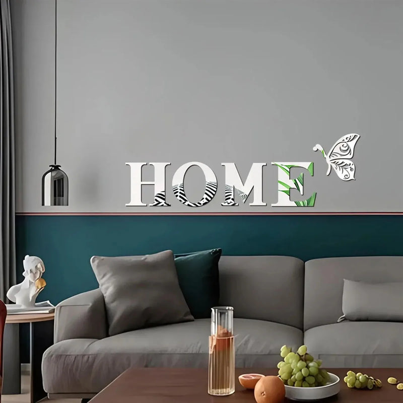 Adesivo de Parede Espelhado 3D – HOME com Borboleta